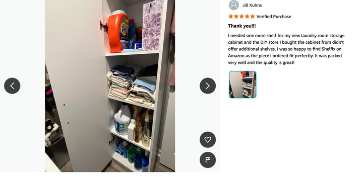 Customer photo of a white SHELFIX replacement shelf in a laundry storage cabinet with a five-star review