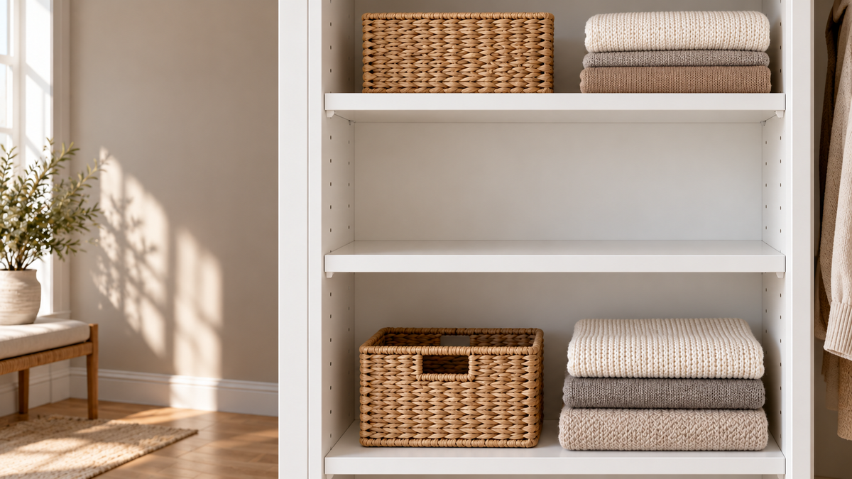 Illustrative closet scene with a person positioning a white shelf on existing supports